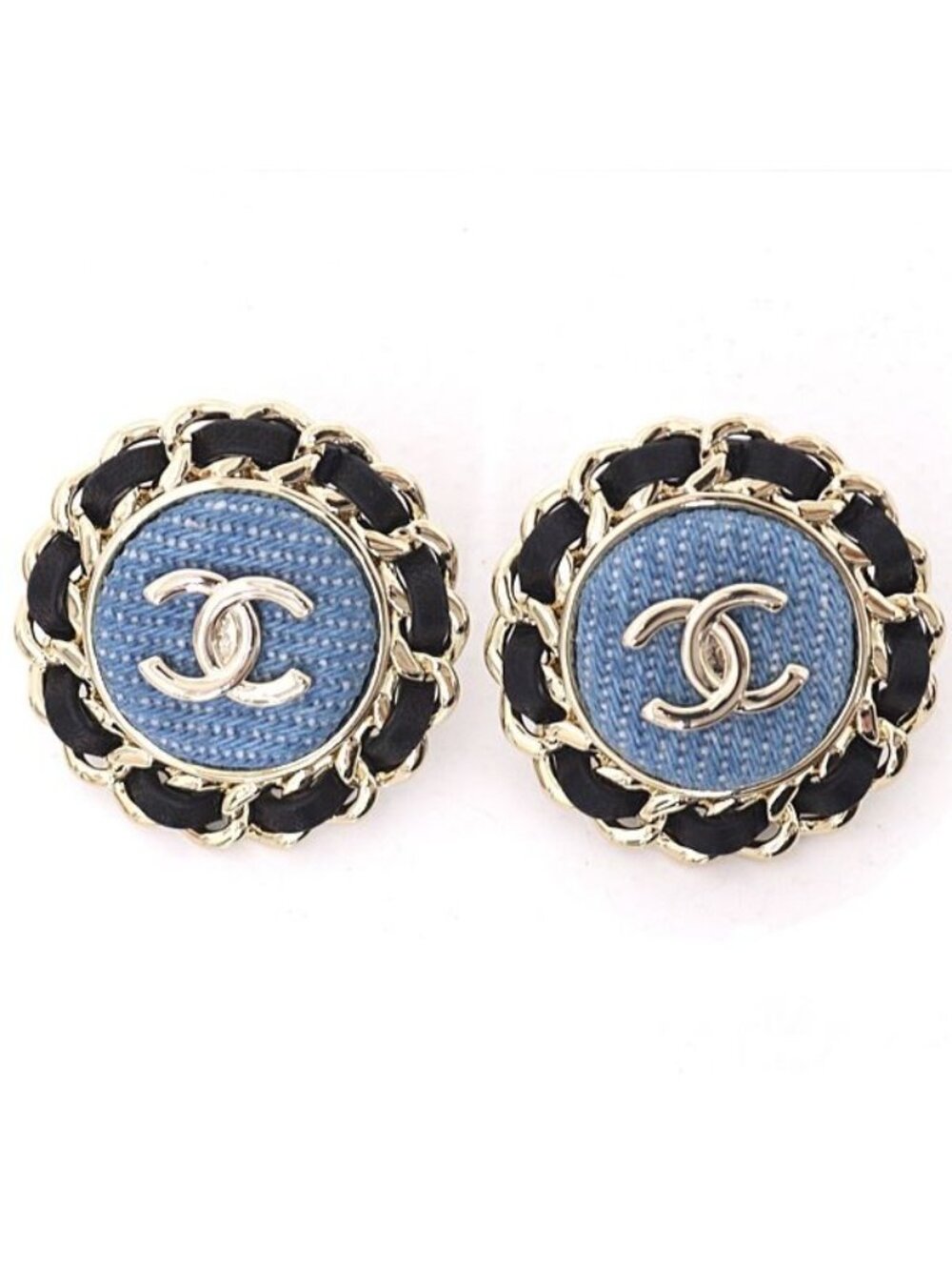 Chanel CC Logo Earrings Denim Blue Black Light Gold
